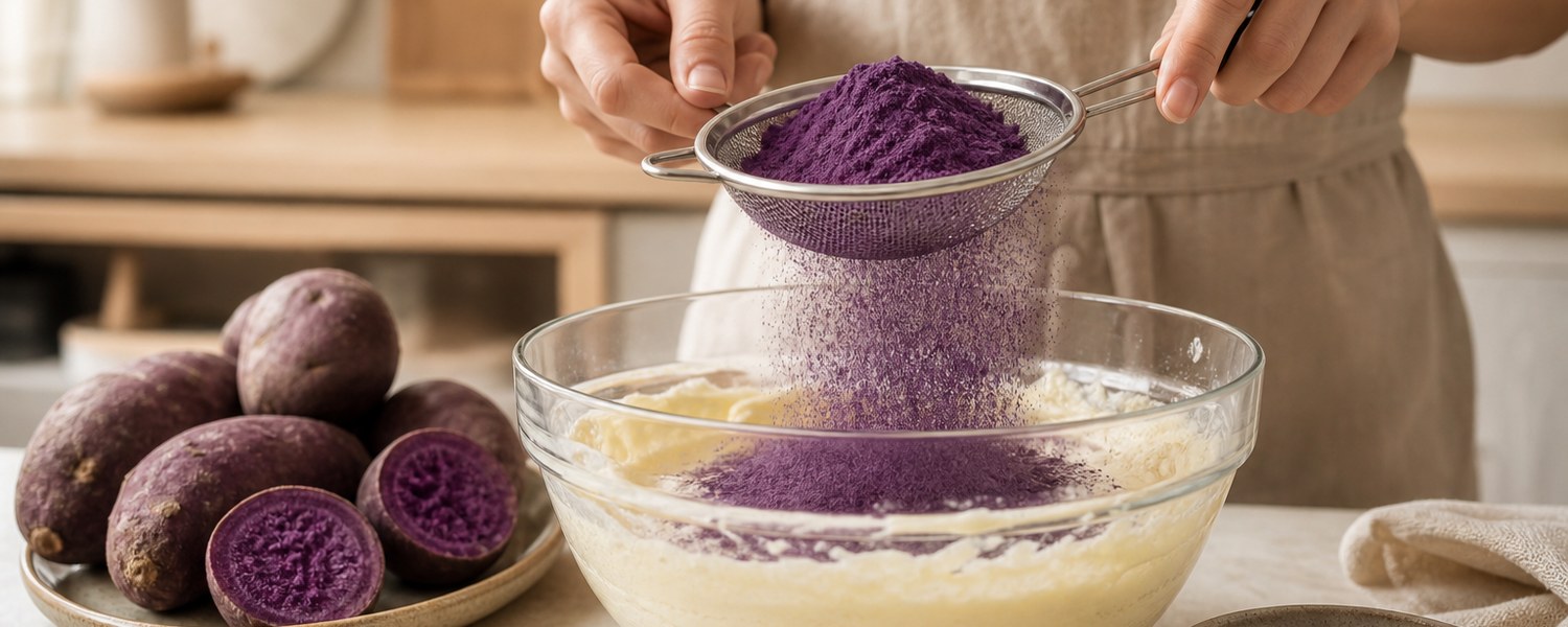 Poudre d’ube violette intégrée dans une pâte à gâteau maison