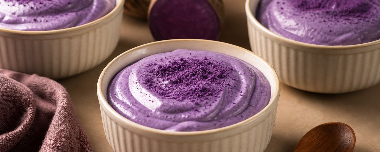 Crèmes dessert à l’ube violettes avec poudre d’ube et tubercule coupé