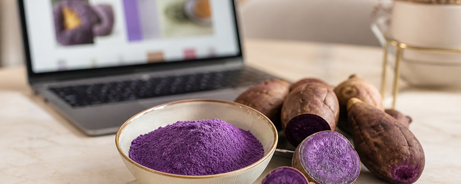 Poudre d’ube violette et tubercules d’ube près d’un ordinateur pour achat en ligne