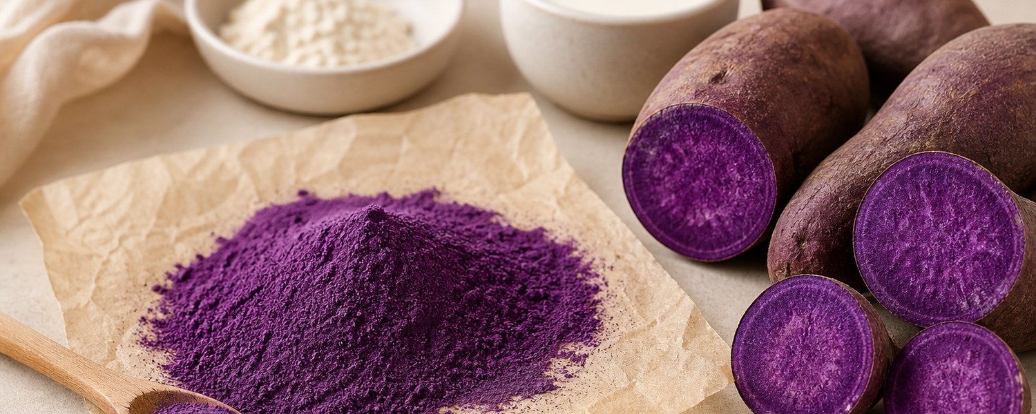 Poudre d’ube naturelle violette tamisée avec tubercules d’ube coupés