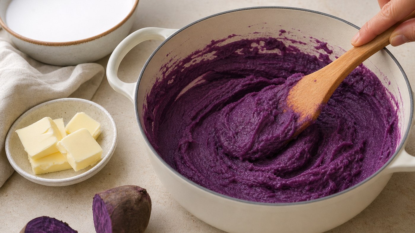 Préparation d’ube halaya maison dans une casserole avec pâte violette et spatule en bois