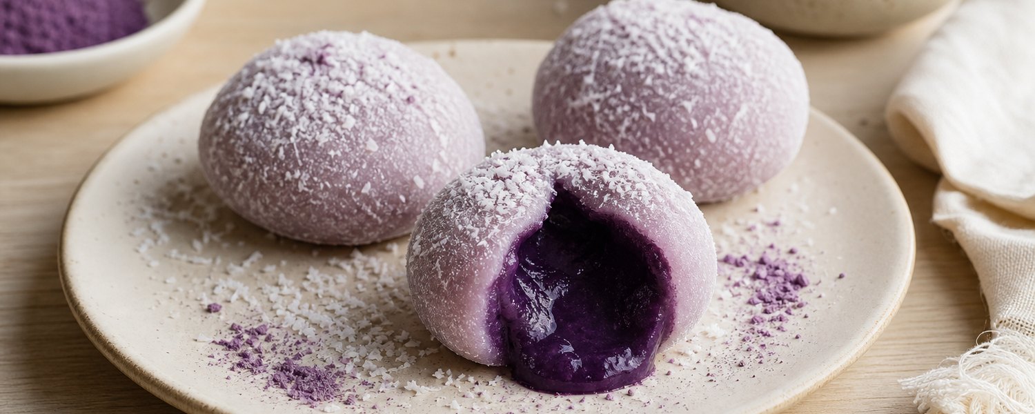Mochi ube servis avec intérieur violet fondant et texture moelleuse