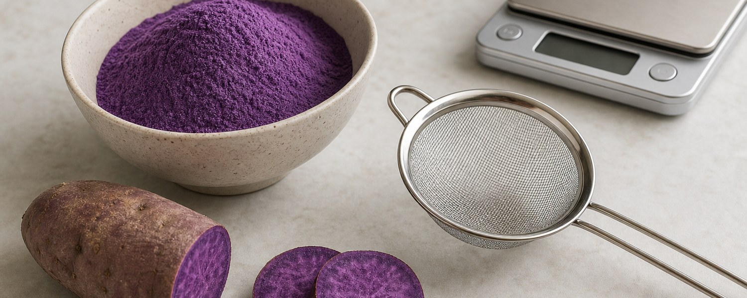 Bol de poudre d’ube violette avec tamis et tubercule d’ube coupé