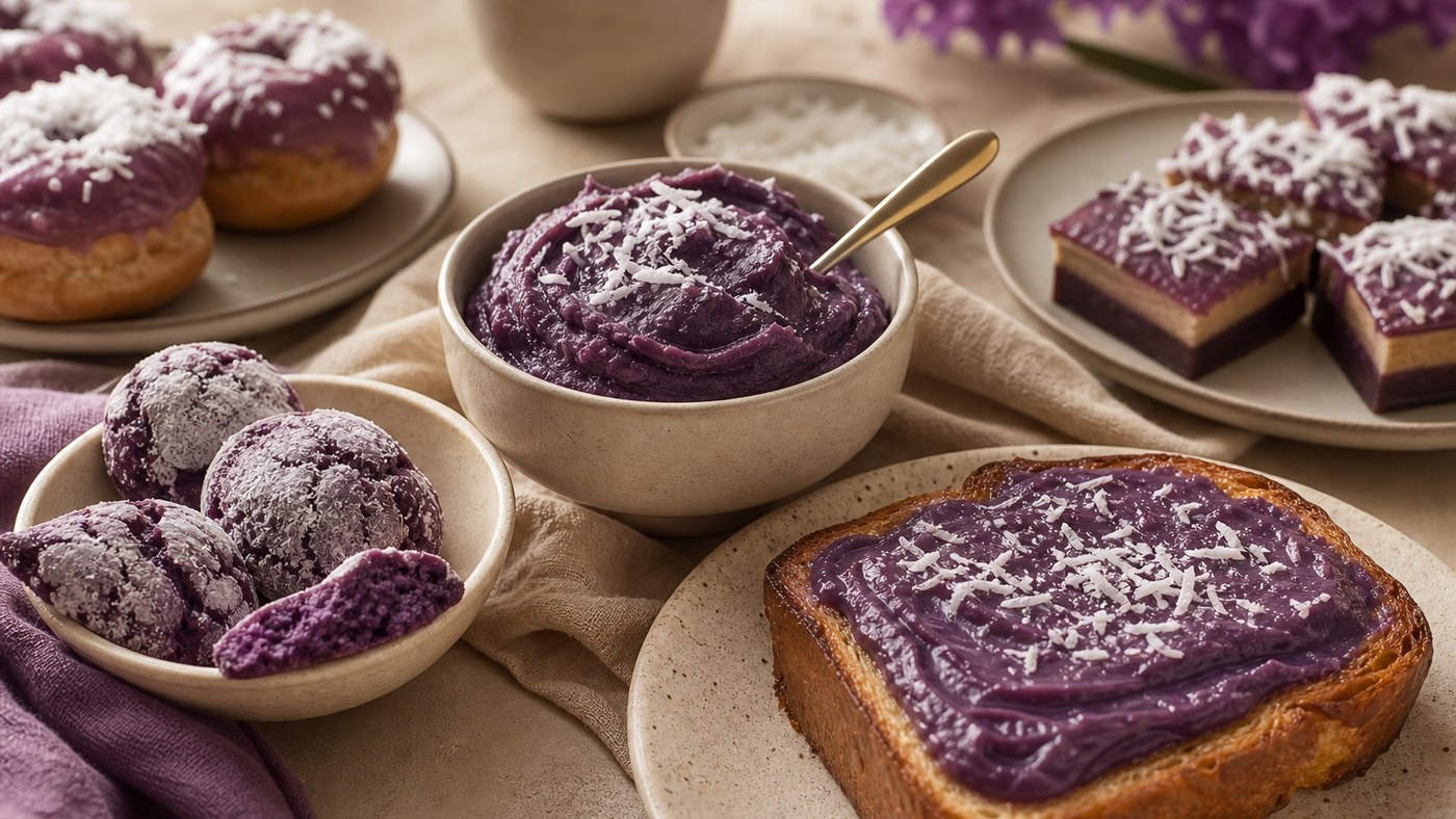 Desserts et tartines garnis d’ube halaya violette avec noix de coco râpée